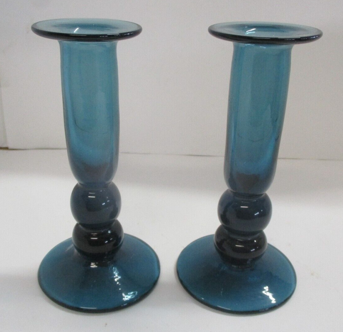 Pair of Vintage Handblown Blue Glass Candlesticks Candle Holders