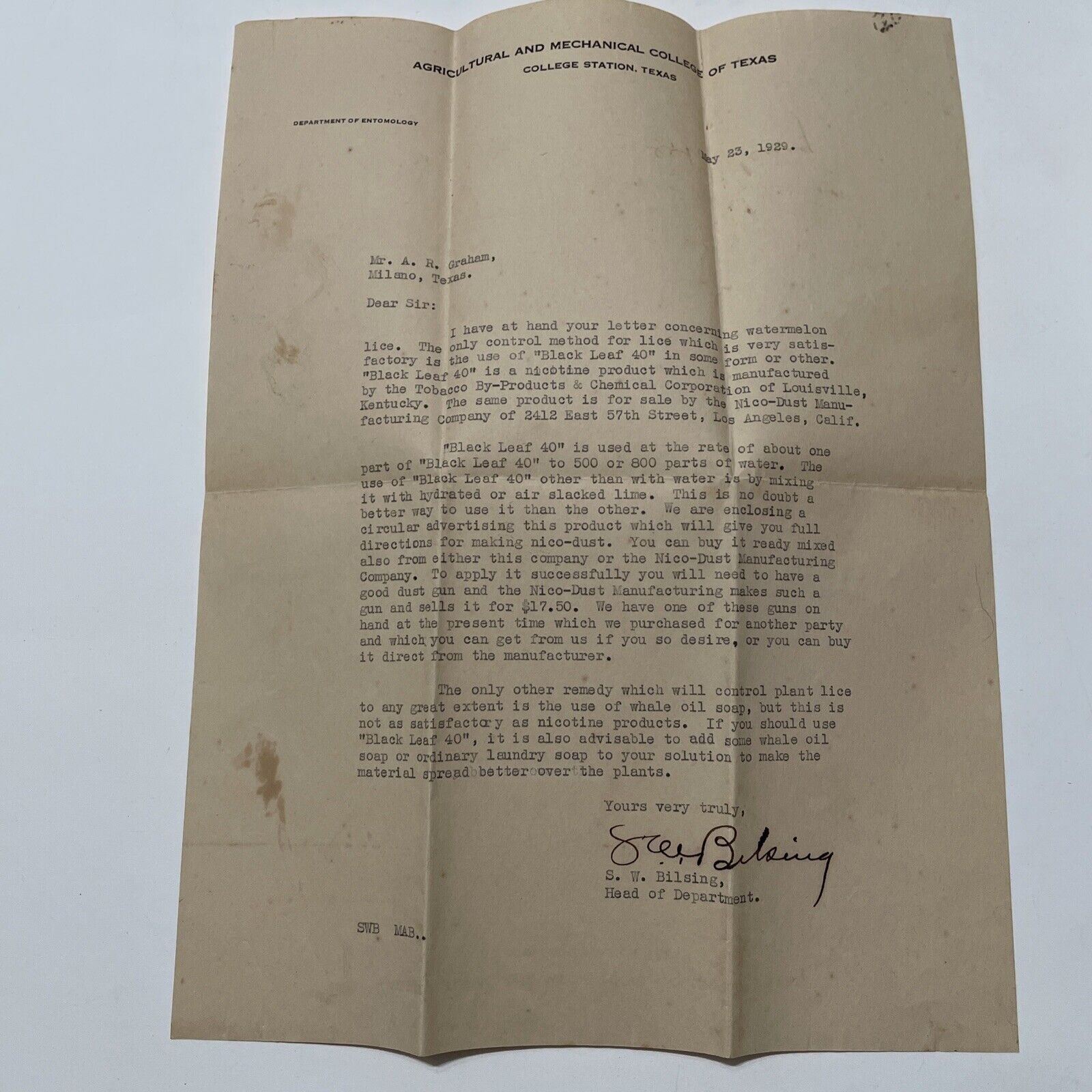 Antique Letter Texas A&M College S. W. Bilsing Black Leaf 40 1929 Entomology