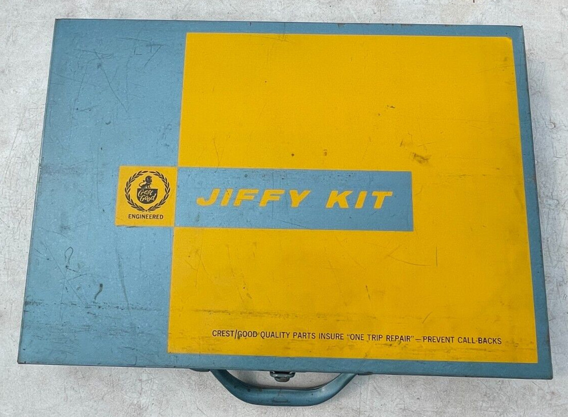 Vintage Crest Good Jiffy Kit Plumbing Renewable Faucet Seats W/Metal Supply Box