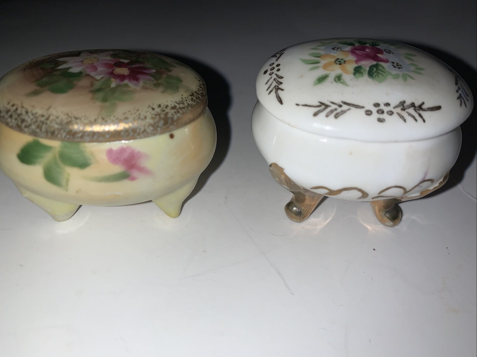 2 Vintage Tiny porcelain trinket boxes hand painted 1 Chip Unseen W/ Lid On