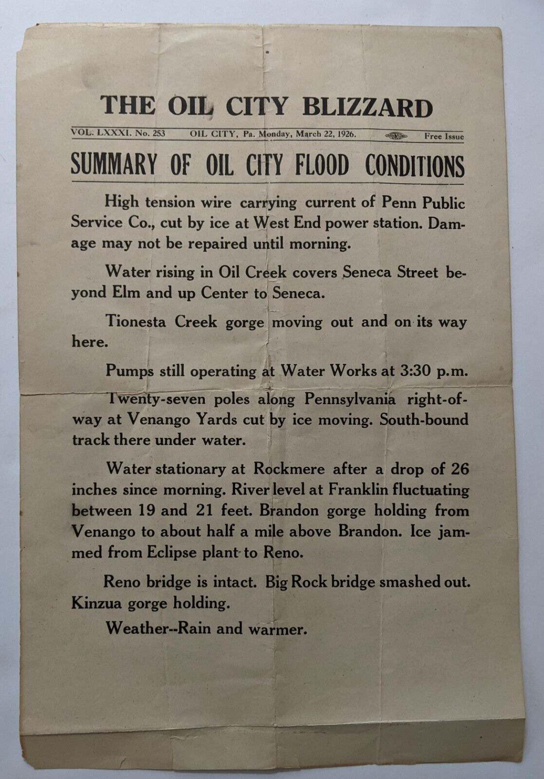 1926 NEWS BROADSIDE The Oil City Blizzard SUMMARY OF OIL CITY FLOOD CONDITION PA