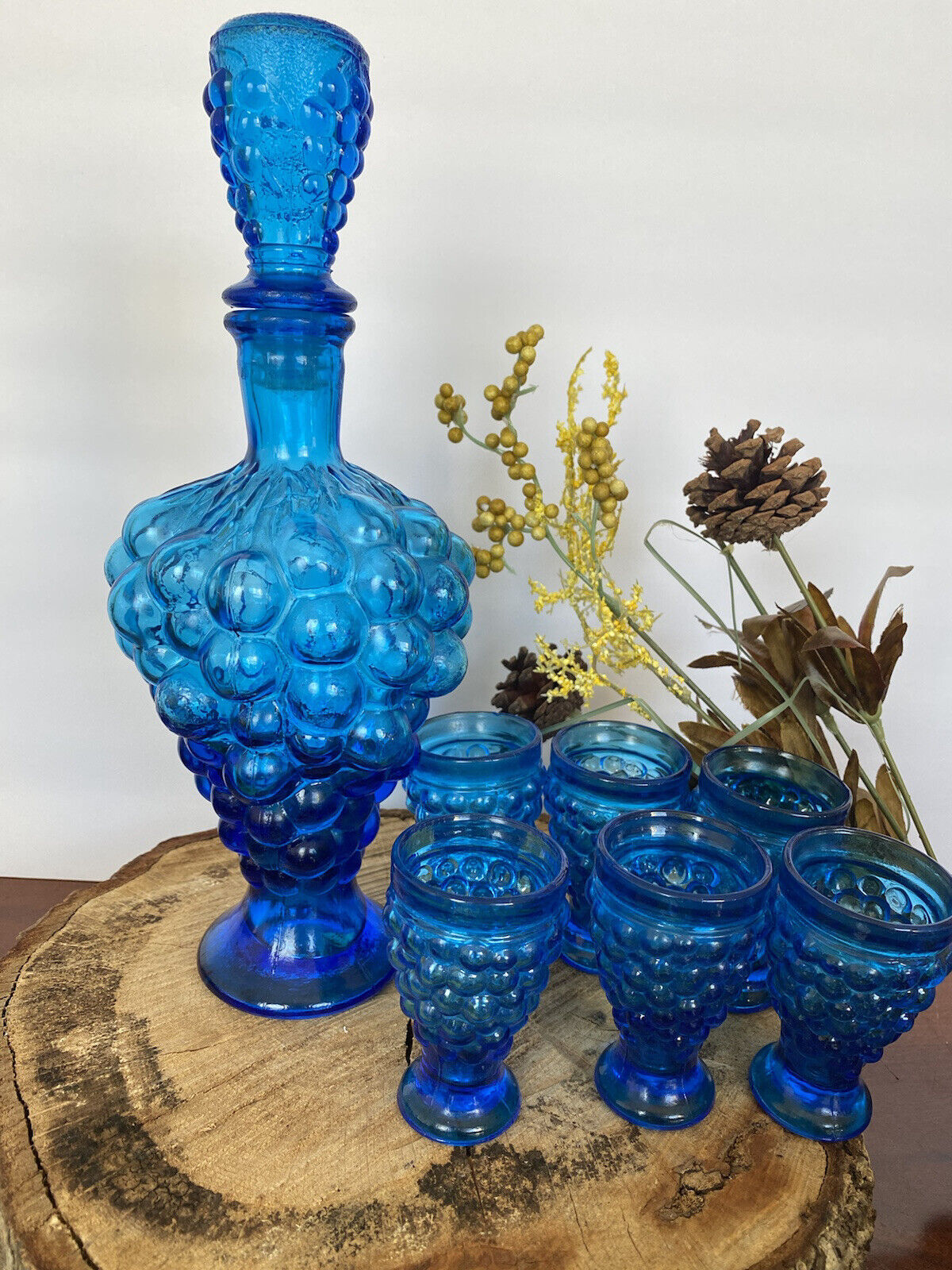 8 PC Set Vintage Italy Cobalt Blue Glass Liquor Decanter & Glasses Grape Design