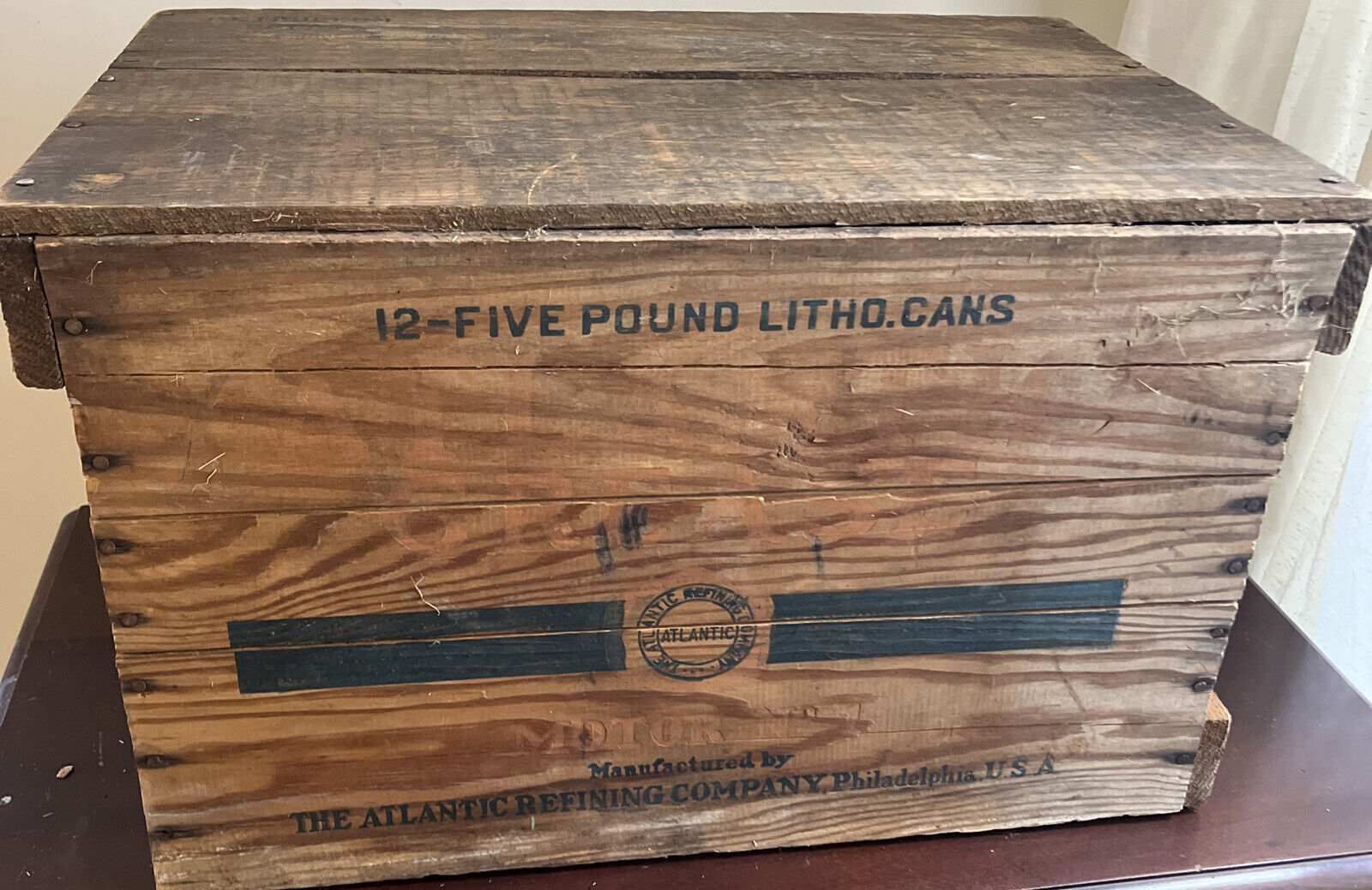 ANTIQUE ATLANTIC Refining CO WOOD SHIPPING CRATE Philadelphia Pa Grease 21”x13