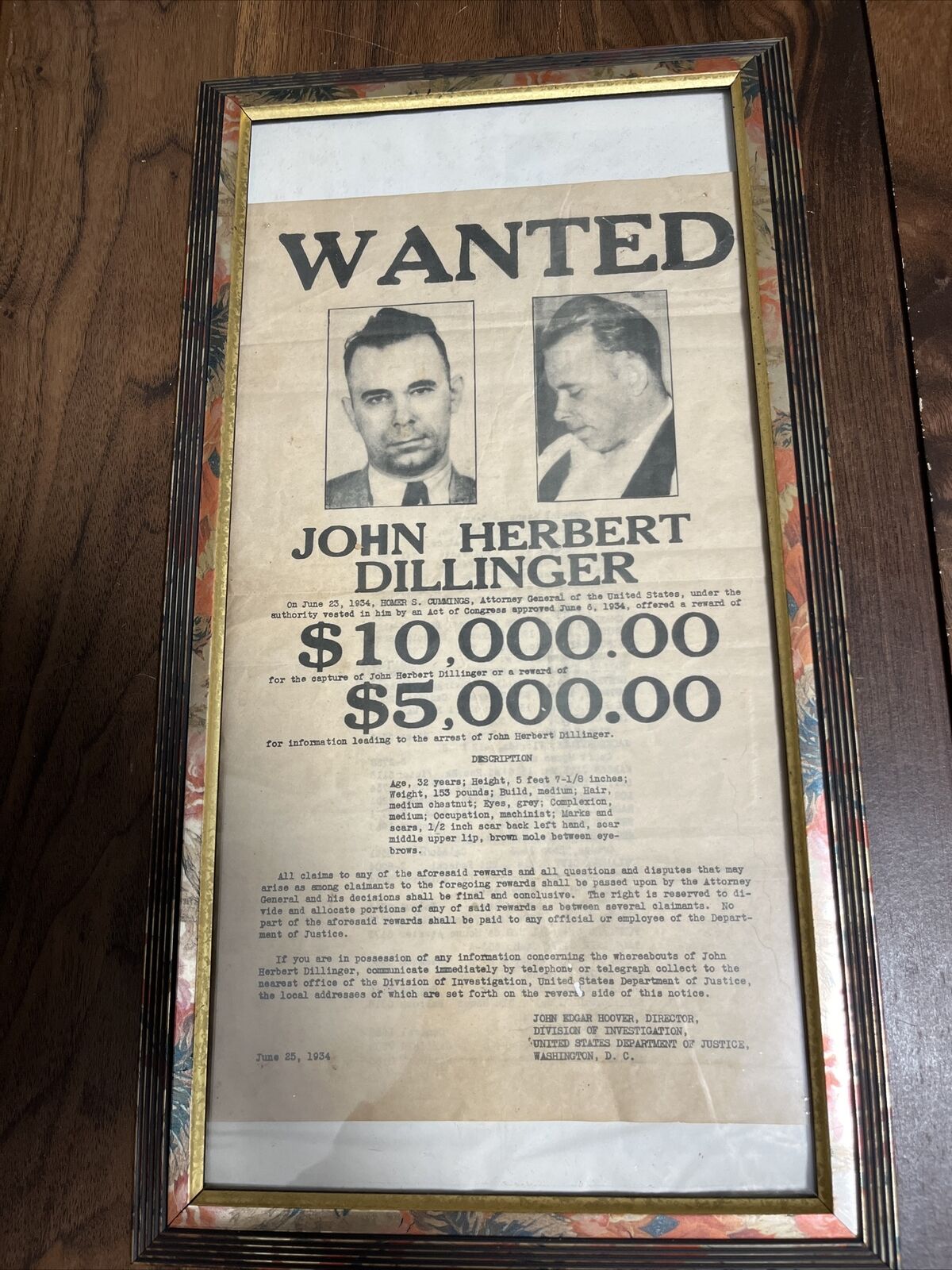 VINTAGE JOHN DILLINGER ORIGINAL AUTHENTIC WANTED POSTER June 25, 1934 framed