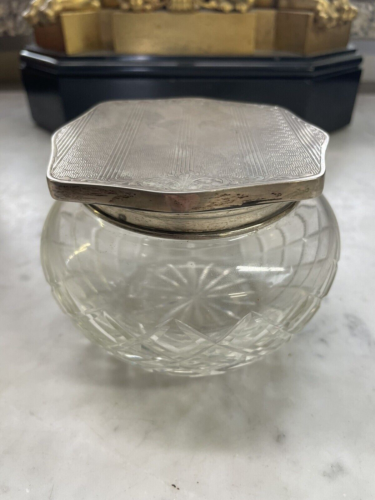Antique 800 Silver Lid Cut Glass Powder Jar