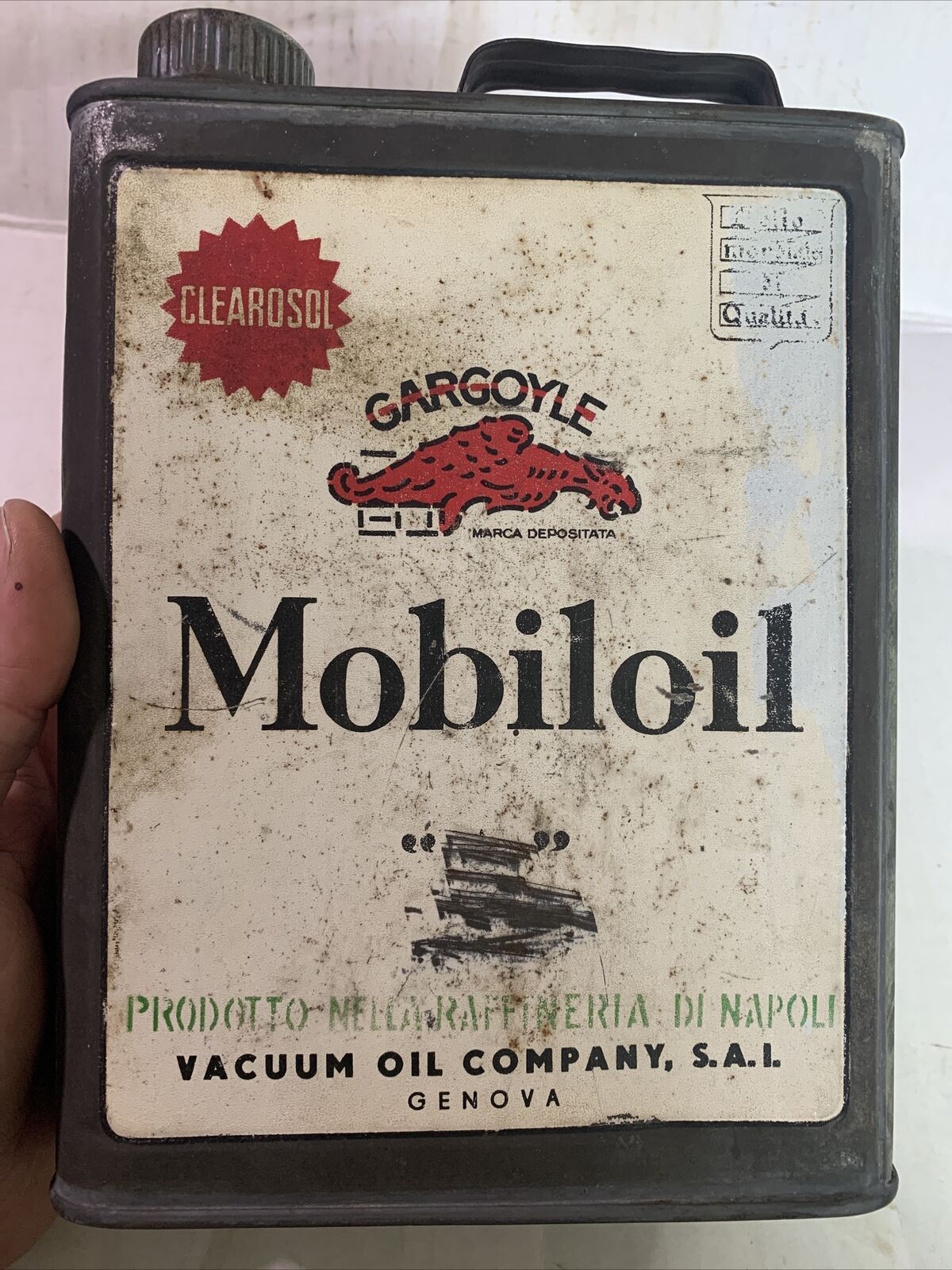 Vintage Antique Mobiloil Gargoyle A Early Italian Slim Graphic Motor Oil Can