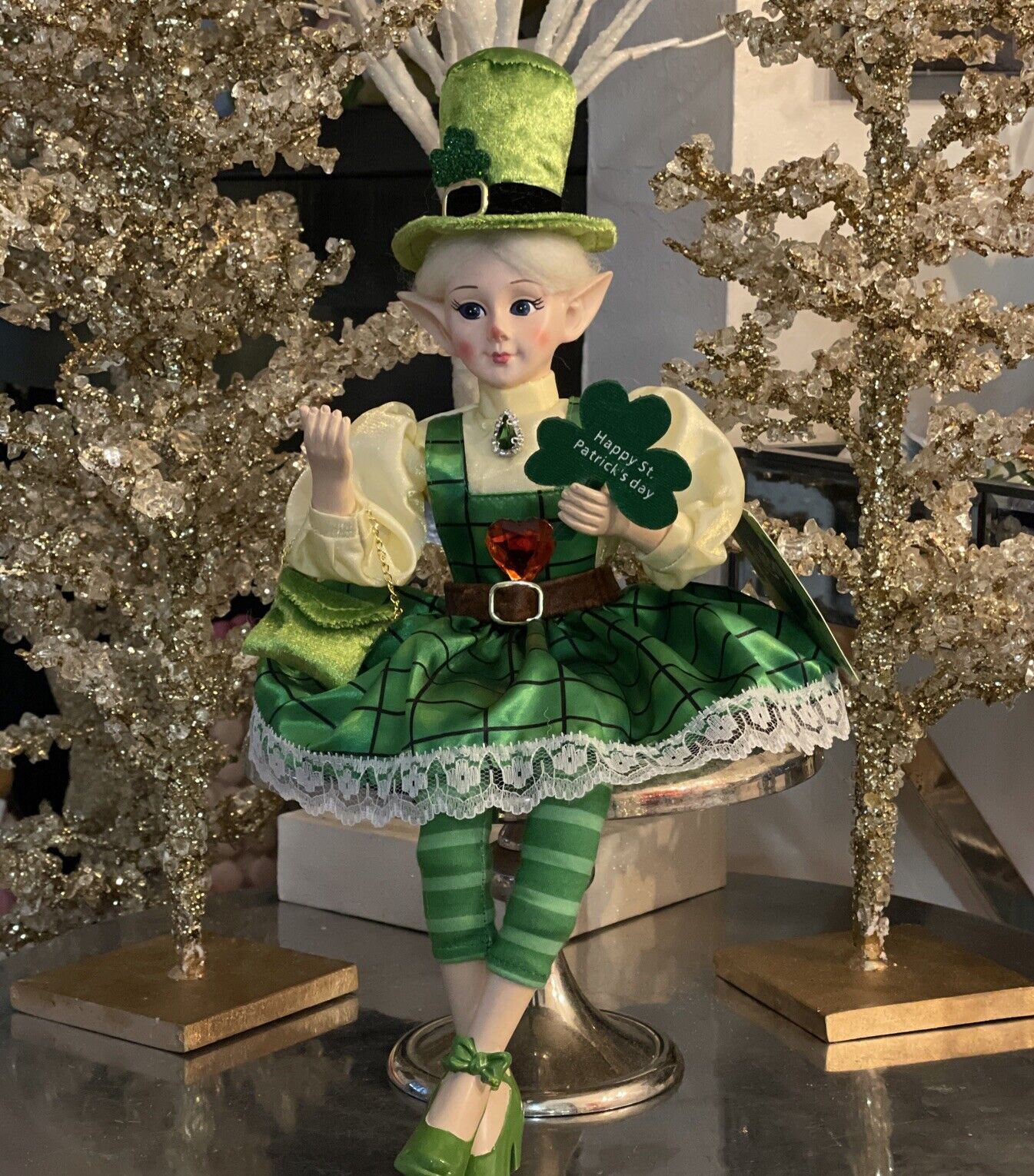 St. Patrick's Day Fairy Elf Shelf Sitter 17” Posable Mantel Tabletop Decor Pixie