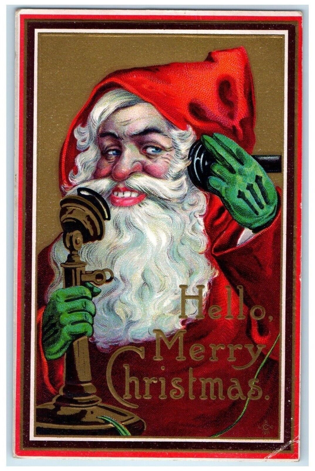 c1910\'s Christmas Santa Claus Telephone Embossed Unposted Antique Postcard