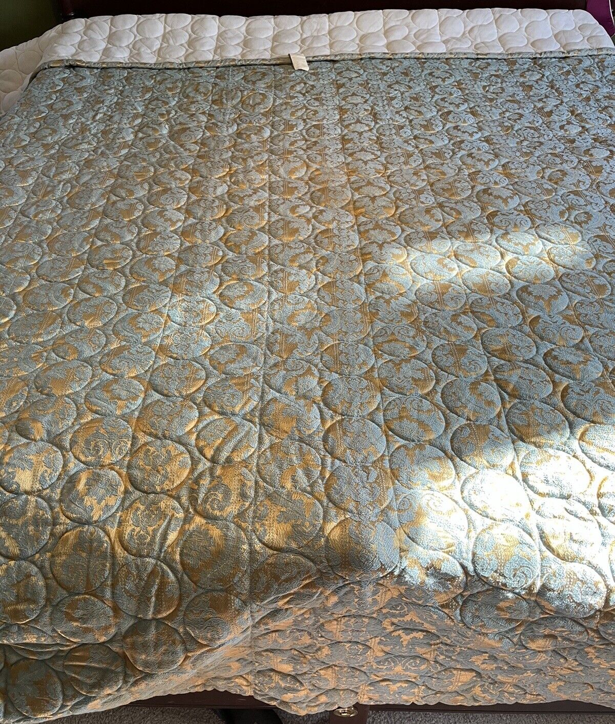 Vintage MCM Blue And Gold Quilted Brocade Bedspread Retro Boho Queen