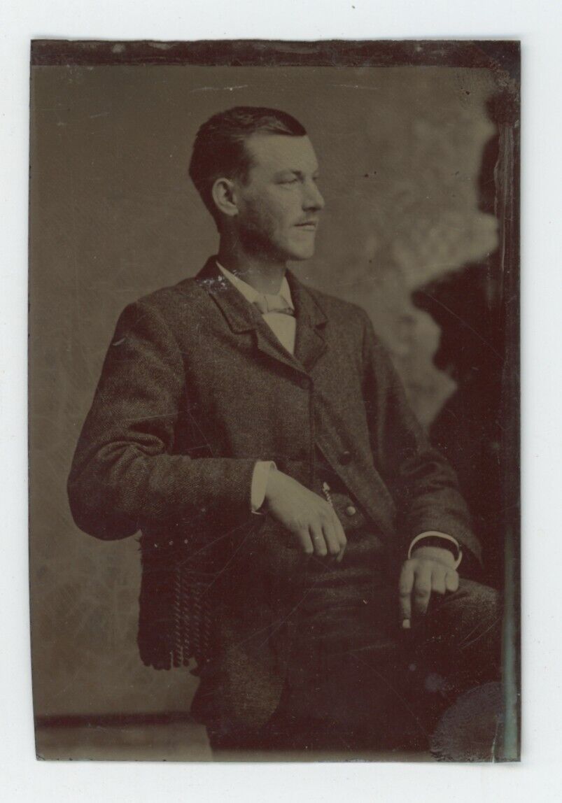 c1860'S 1/6 Plate TINTYPE Handsome Dashing Man Posing in Suit While Sitting Down
