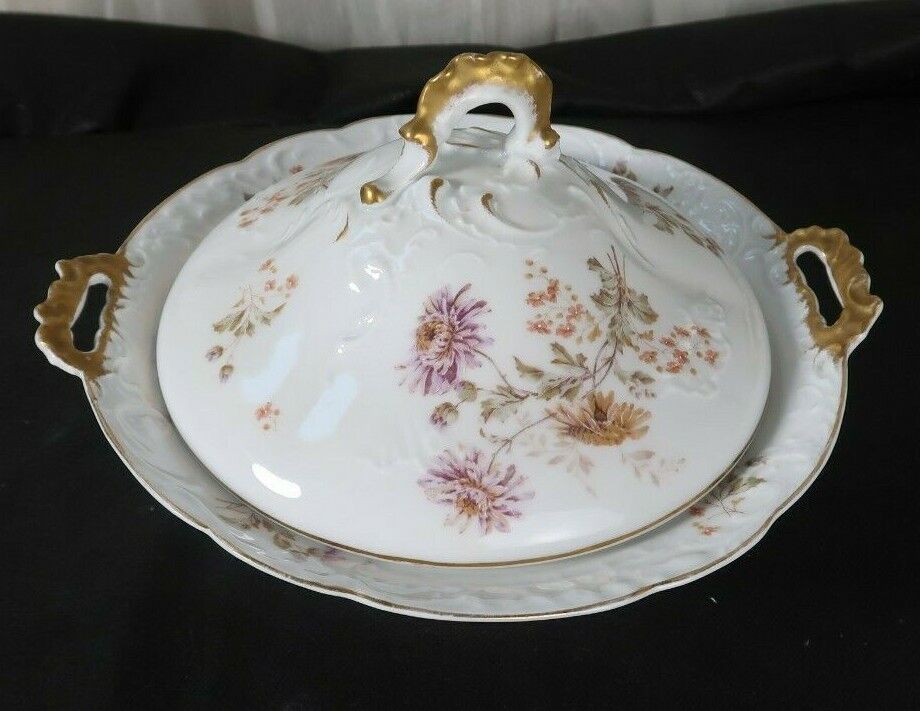 ANTIQUE CT Carl Tielsch Covered Tureen w Gilt Handles Painted Flowers 