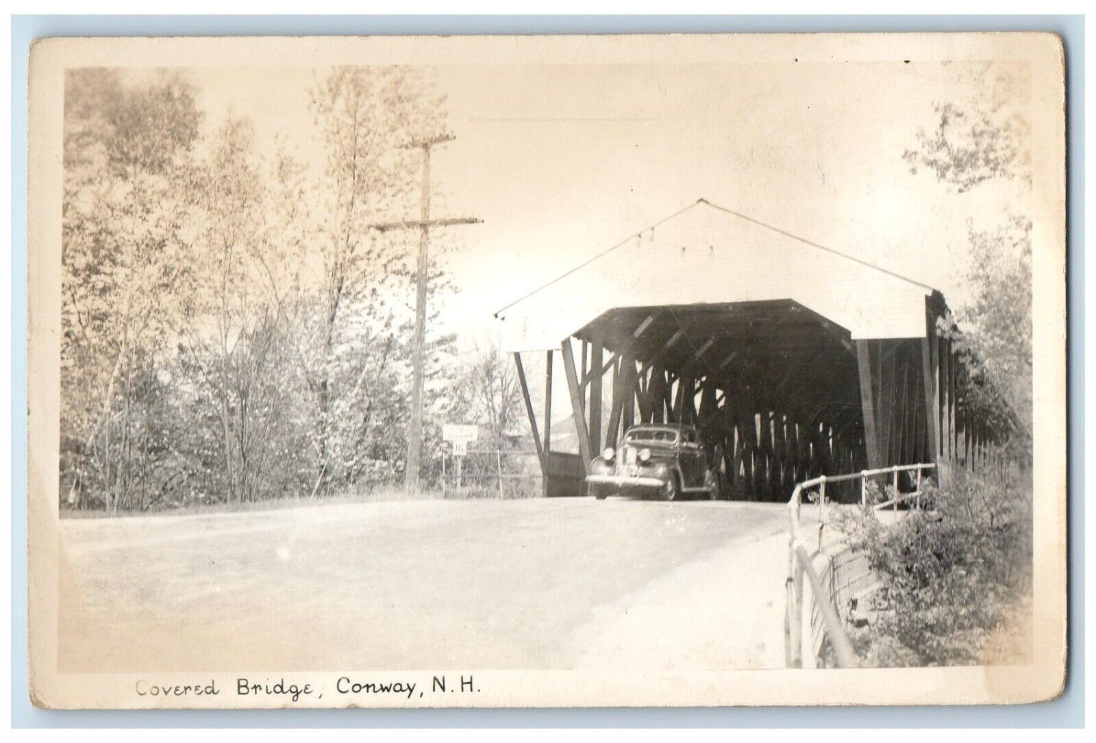 c1940\'s Covered Bridge Car Conway New Hampshire NH RPPC Photo Vintage Postcard