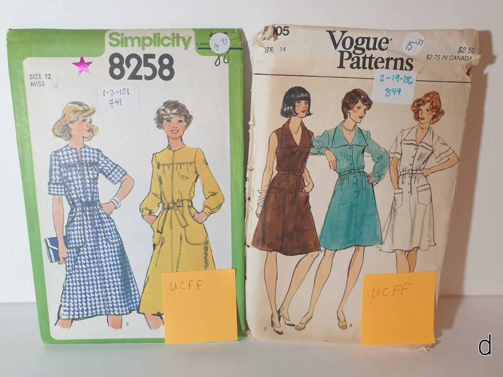 Lot of 2 Vintage 1970s Dresses Sewing Patterns UCFF: Vogue 8905, Simplicity 8258