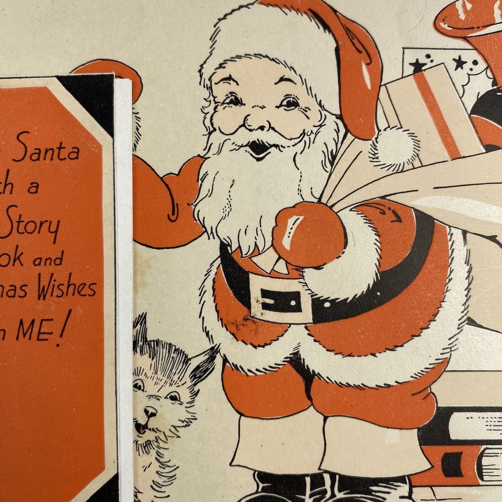 Vintage Early Mid Century Christmas Greeting Card Santa Claus Storybook Attached