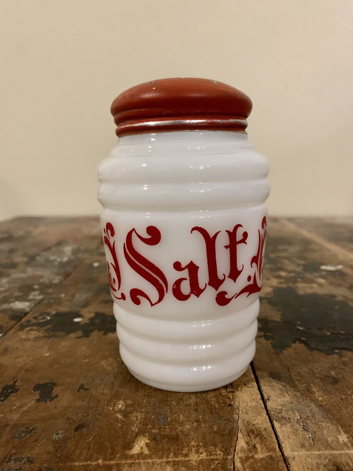 Vintage Hazel Atlas Old English Milk Glass Range Salt Shaker Original Red Lid 