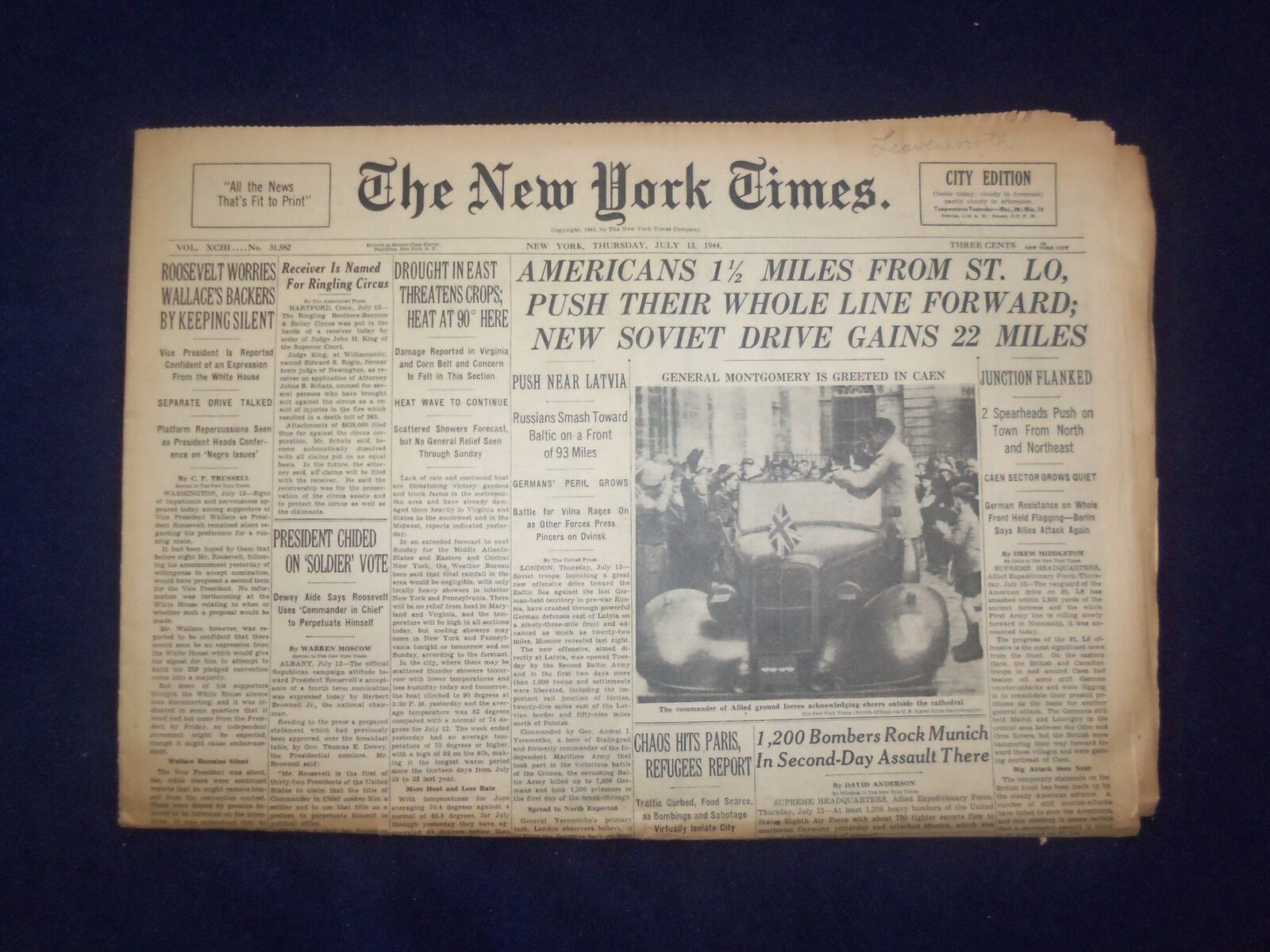 1944 JULY 13 NEW YORK TIMES - AMERICANS 1 1/2 MILES FROM ST. LO - NP 6591