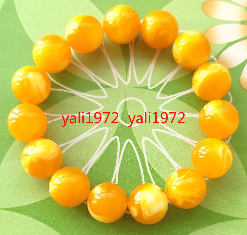 Certified 14mm Natural Yellow Amber Beeswax Round Beads Stretch Bracelet 7.5\