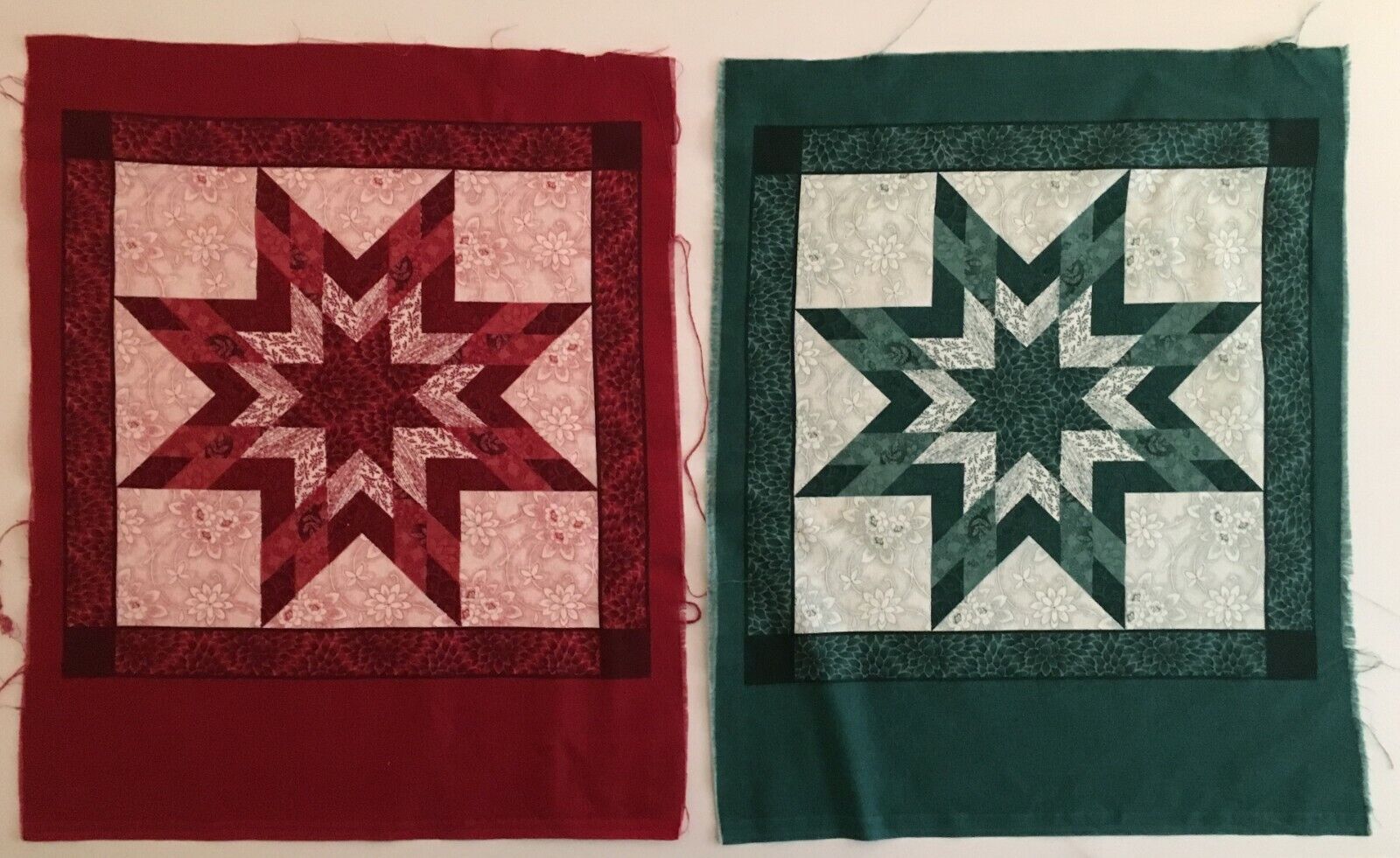 pair of red and green vintage quilt panels