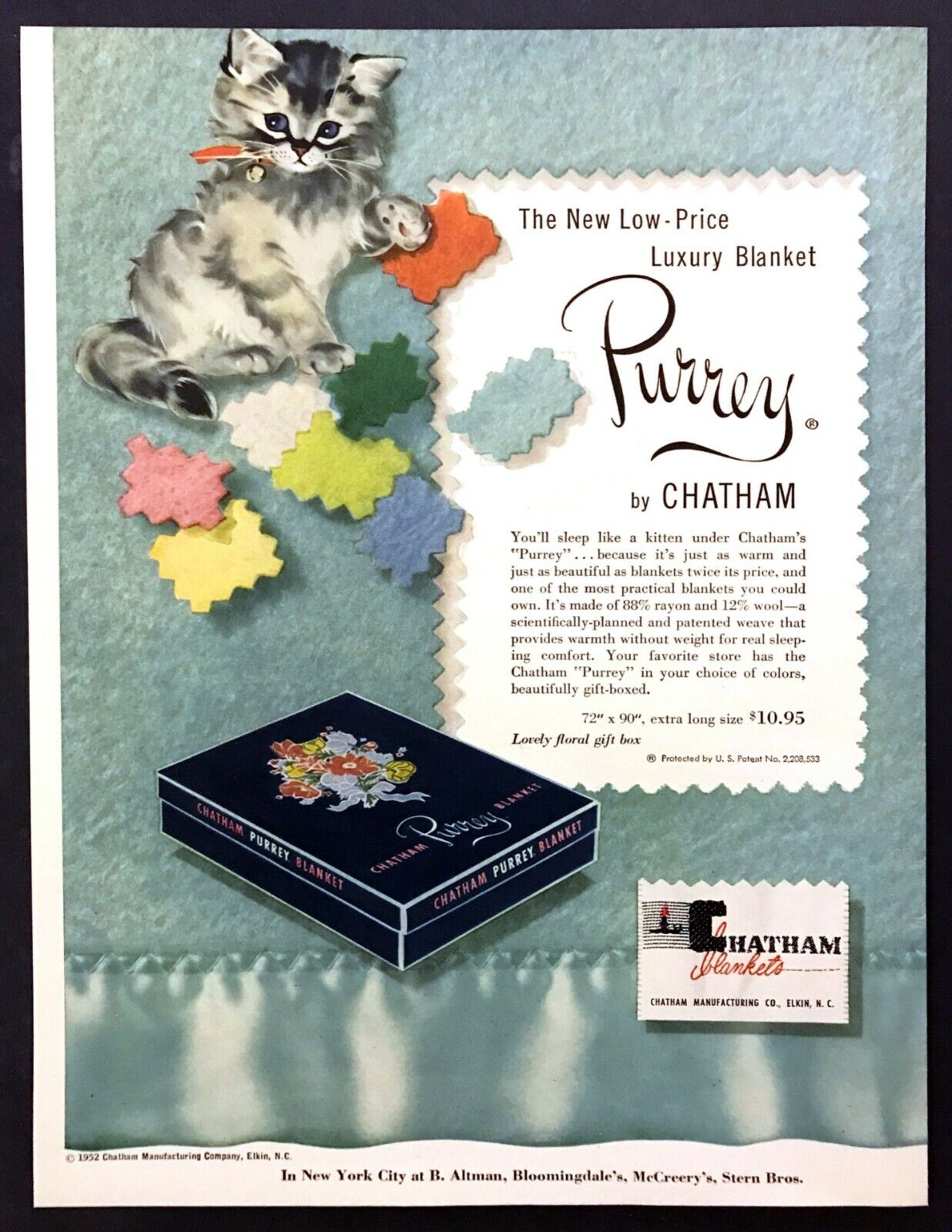1952 Cute Fluffy Kitten art Purrey Chatham Luxury Blankets vintage print ad