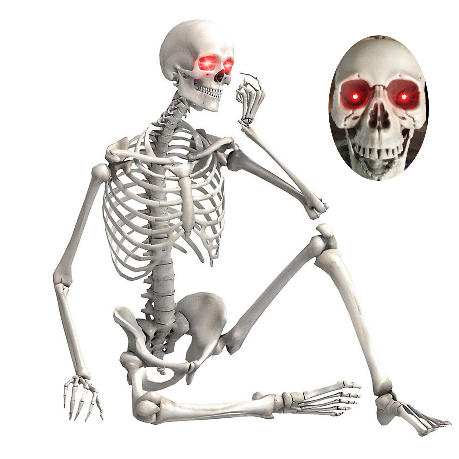 5.5ft Halloween Posable Life Size Human Skull Skeleton Sound Activated LED Eyes