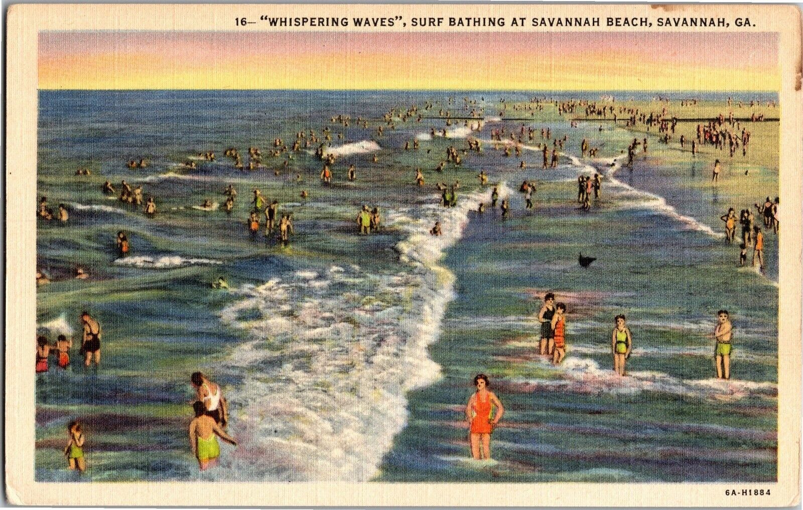 Whispering Waves, Surf Bathing at Savannah Beach GA Vintage Postcard A07
