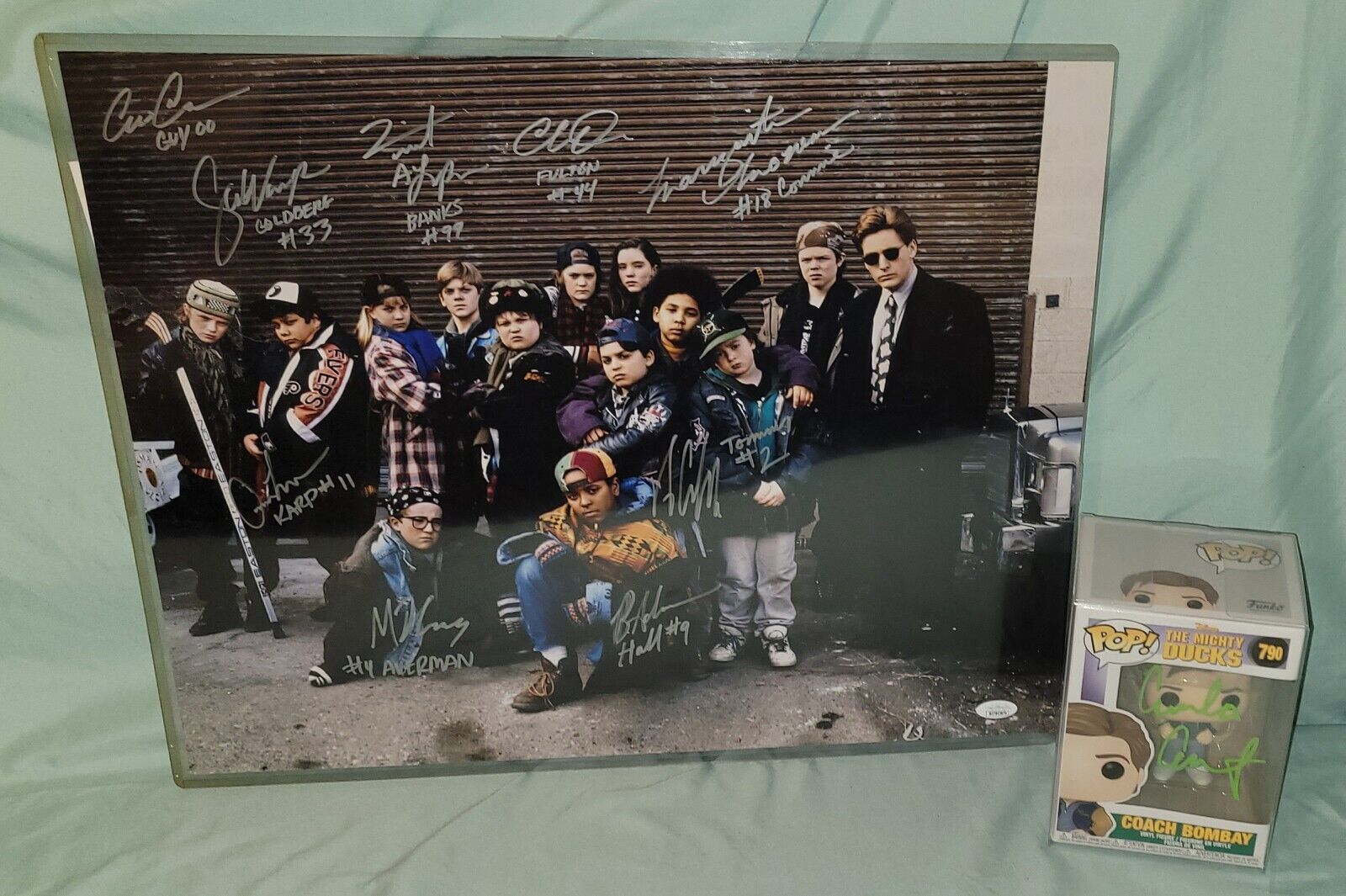 The Mighty Ducks Signed Cast 16x20 Photo + Emilio Estevez Signed Funko w/COA