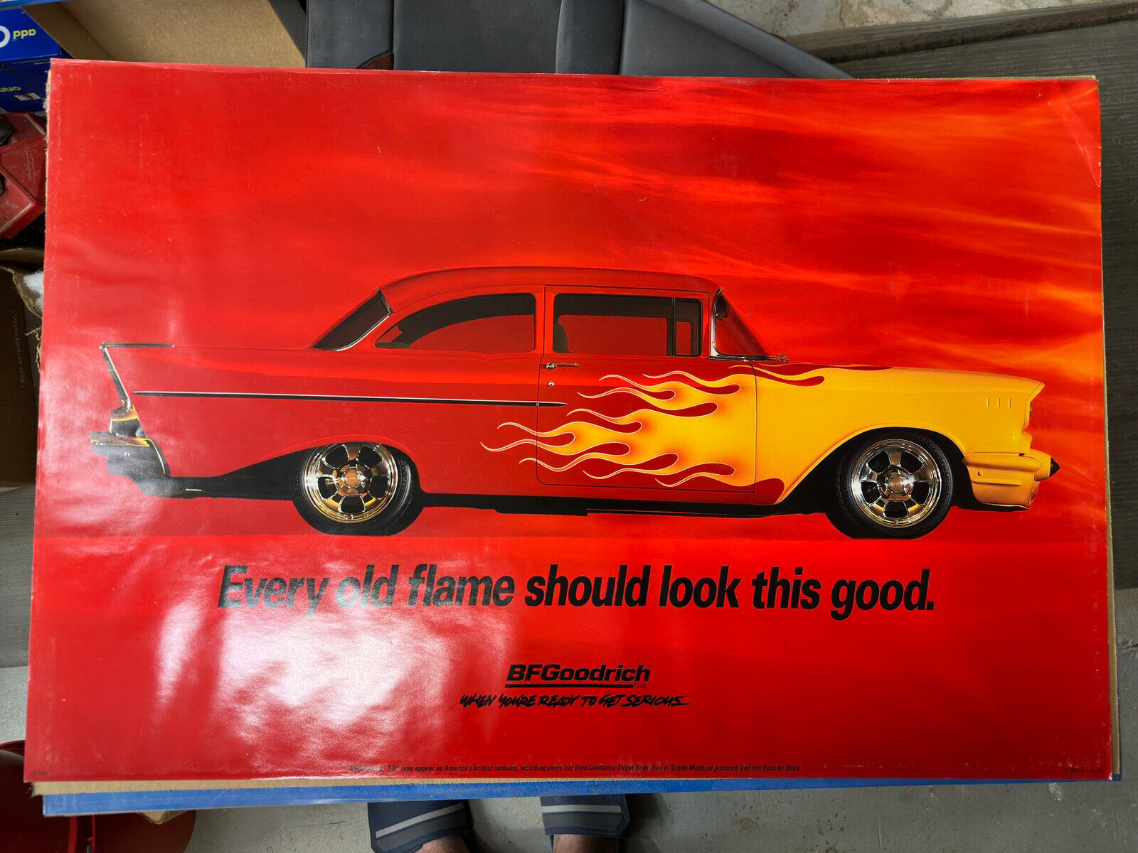 BF Goodrich Tire Poster Vintage Genuine Original Red 57 Chevy Bel air BFG Flames