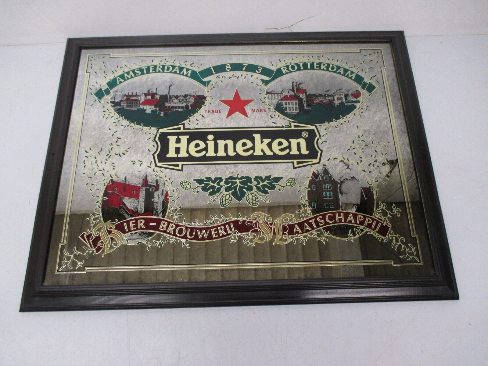 Vtg Big Heineken Beer Advertising Mirror Sign Amsterdam Bier Bar Pub 35.5\