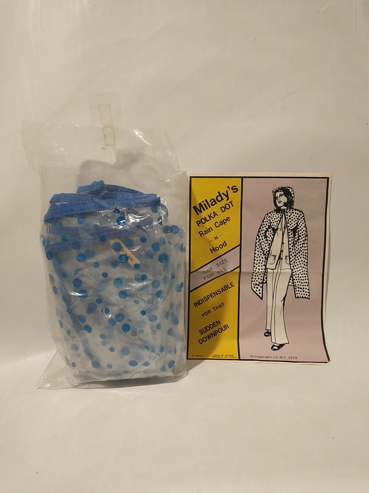 1973 Vintage Milady\'s Polka Dots Rain Cap N Hood Poncho Very Rare Size One Blue