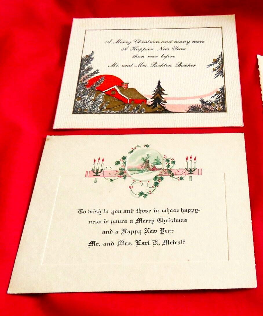 2 Vintage 1920s-1930s CHRISTMAS CARDS  Candles, Red Moon, Windmill 
