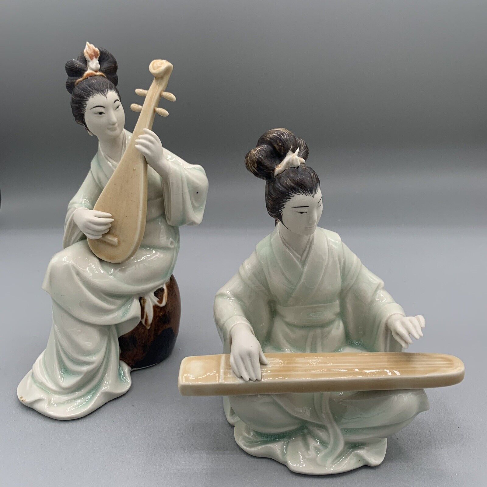 2 Chinese Celadon Porcelain Figurines Women Playing Pluck Pipa Qin Zither VTG