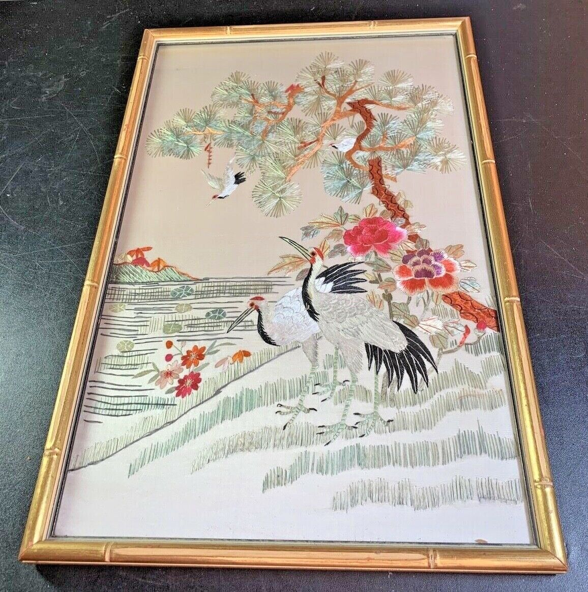 Chinese Silk Embroidered Storks Pine Tree Asian Framed Picture 21\