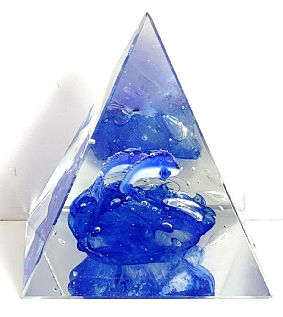 Glass Pyramid Paperweight Dolphins Flying Swimming Bubbles Shape Vintage Heavy