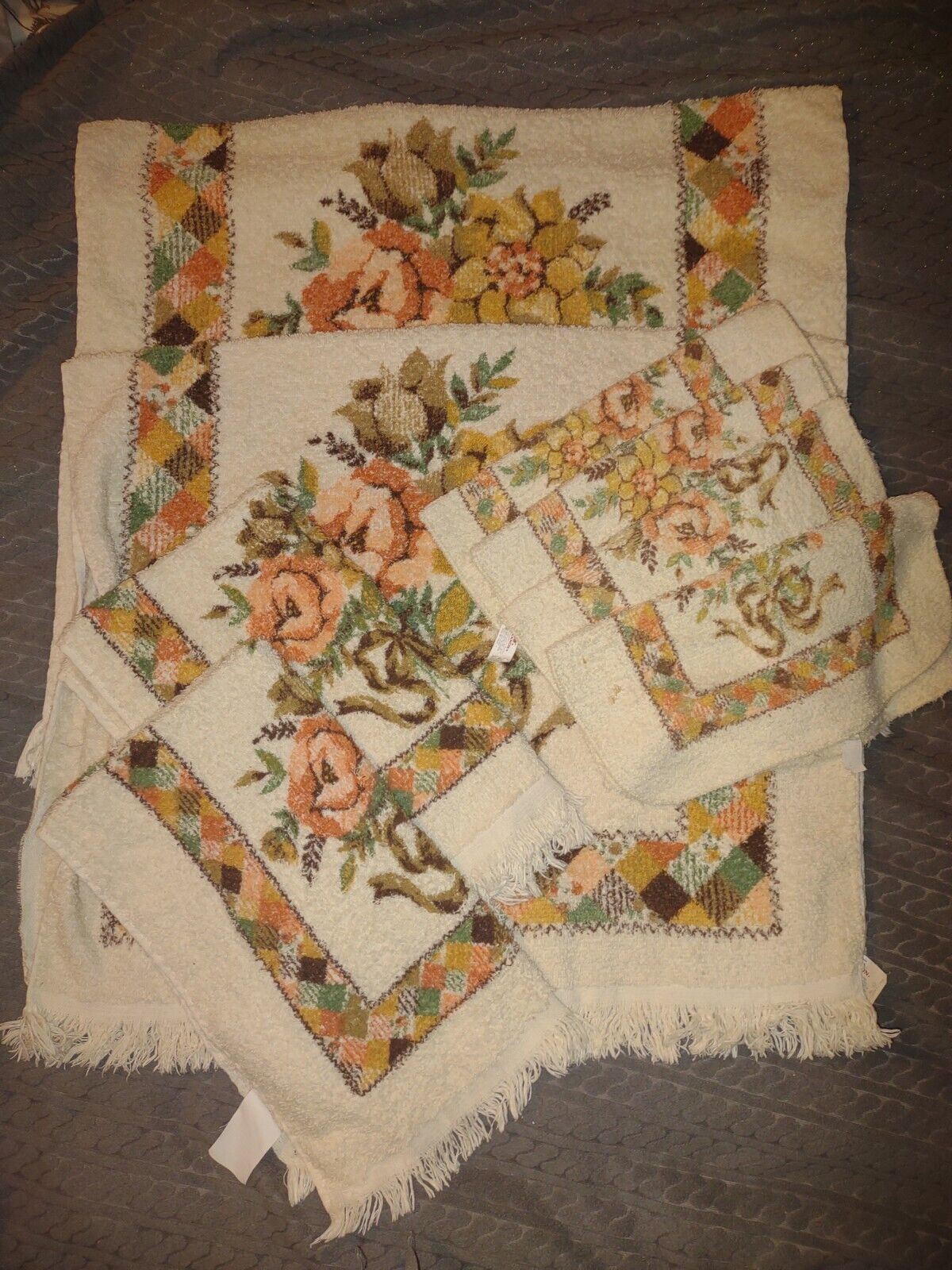 VTG Cannon 8 Piece Towels Set 70s Floral 2 body 2 Hand 4 Wash EUC BROWNS ORANGES