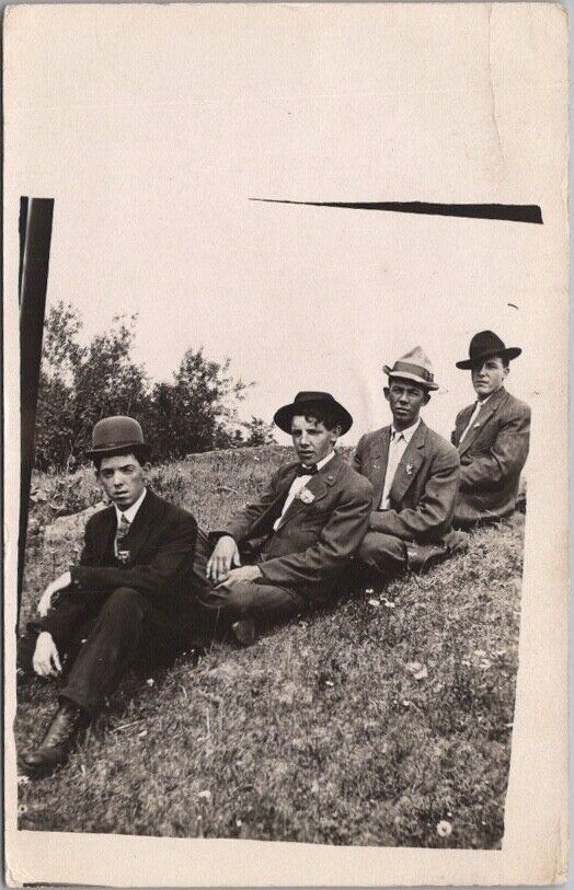 Vintage 1910s RPPC Real Photo Postcard Four Teenage Boys on Lake Shore / Unused