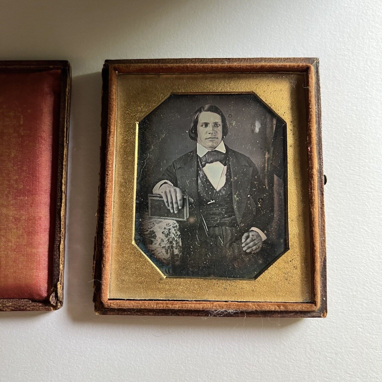 Antique Cased Daguerreotype Photograph Dapper Young Man Book/Bible Great Hair