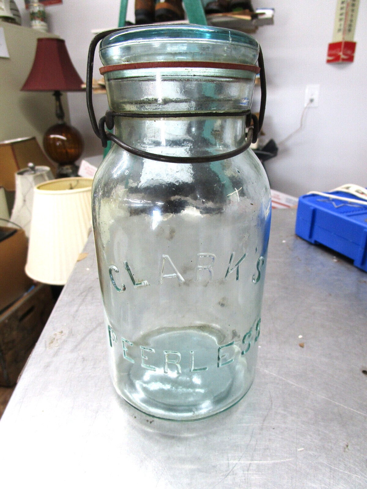 Antique Early 1900\'s Scarce Clark\'s Peerless Aqua Mason Jar