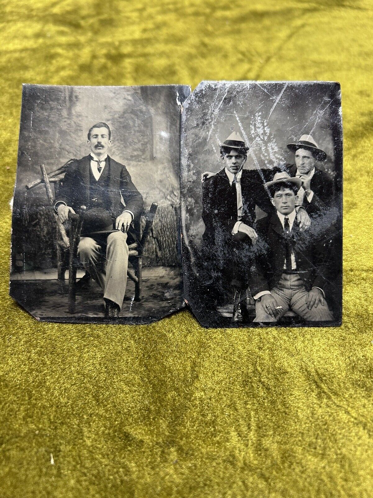 2 Antique Tintype Photographs Men with Hats