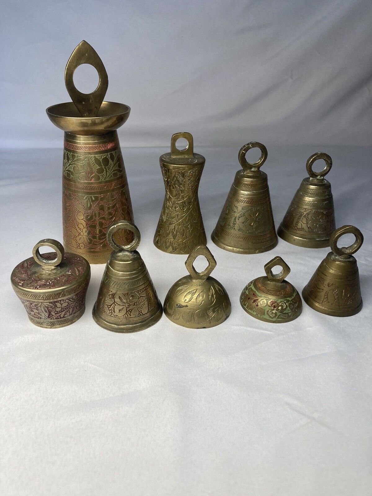 Collection of 9 Vintage Antique Brass Bronze Bells Possibly From India