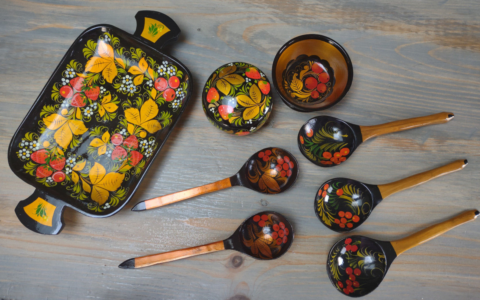 Vintage Russian Handpainted Lacquered Tray, 5 Spoons, 2 Bowls