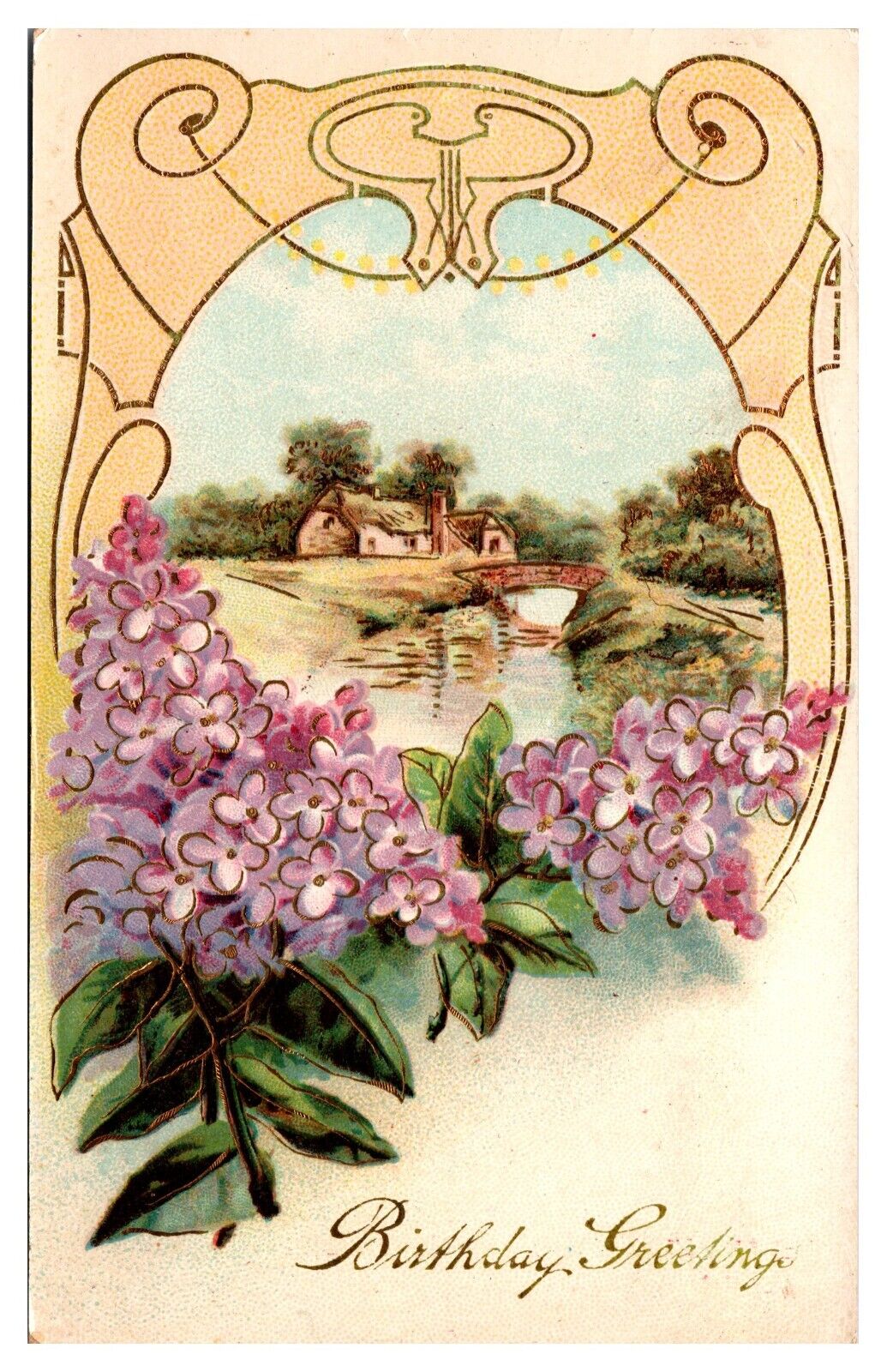 Birthday Greetings, Lilacs, Country Scene, c. 1910, Greetings Postcard
