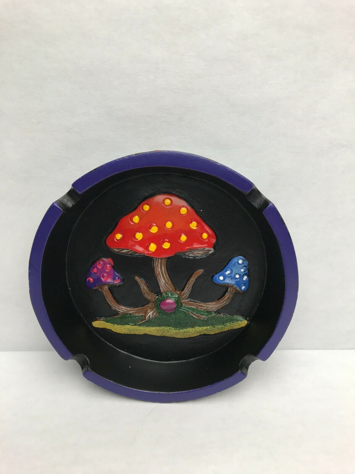 Round Black And Purple Polyresin Three Mushroom Ashtray - 4.25\