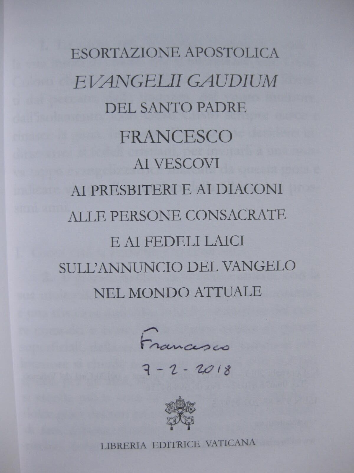 Pope Francis autograph / signed book re: Evangelii gaudium