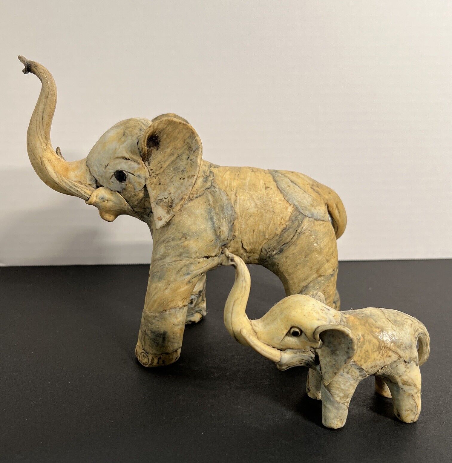 Two (2) Vintage Crushed Oyster Shell Elephants Trunk Up Figurines Mother & Baby