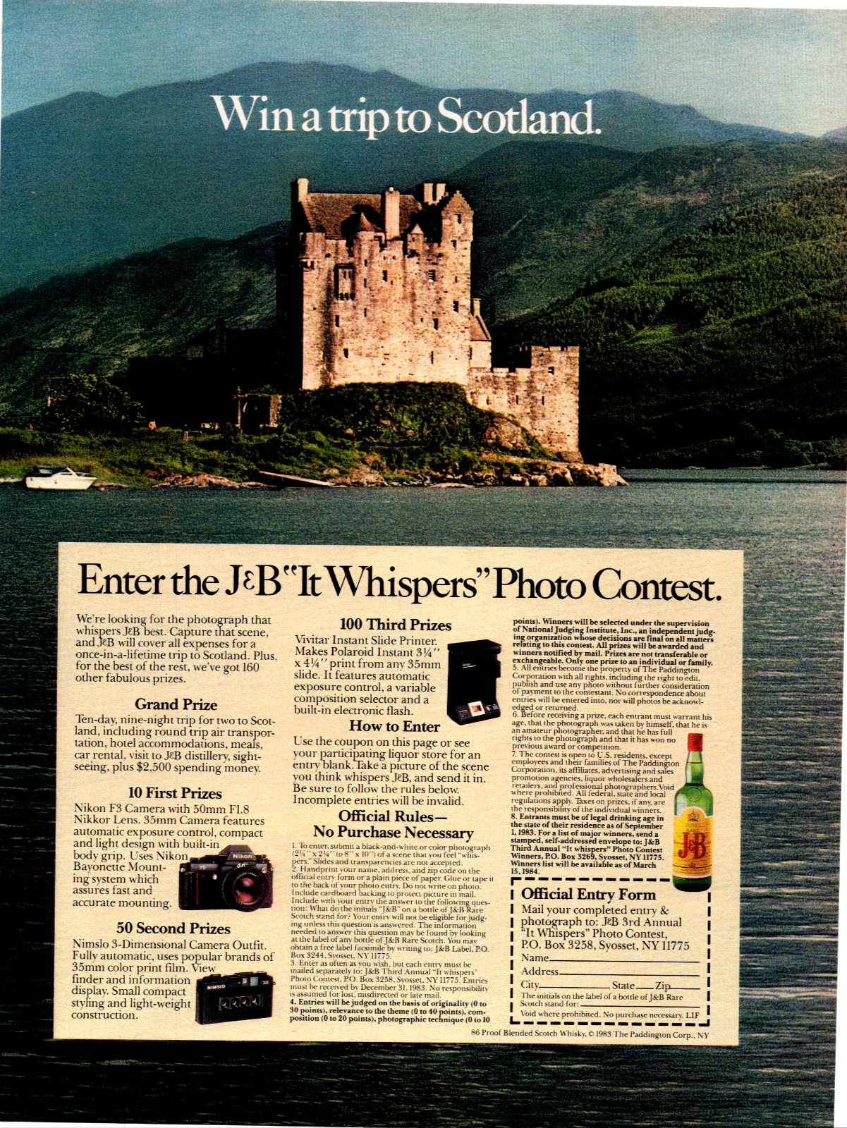 1983 J&B Scotch Whisky It Whispers Photo  Contest Vintage Print Ad Full Page