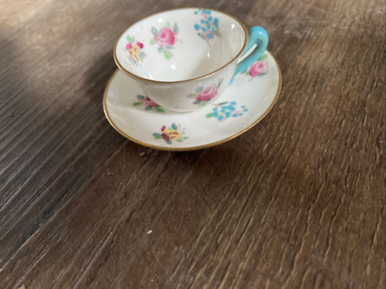Antique Miniature Flowered Cup/Saucer Gold Rim. England Est 1861