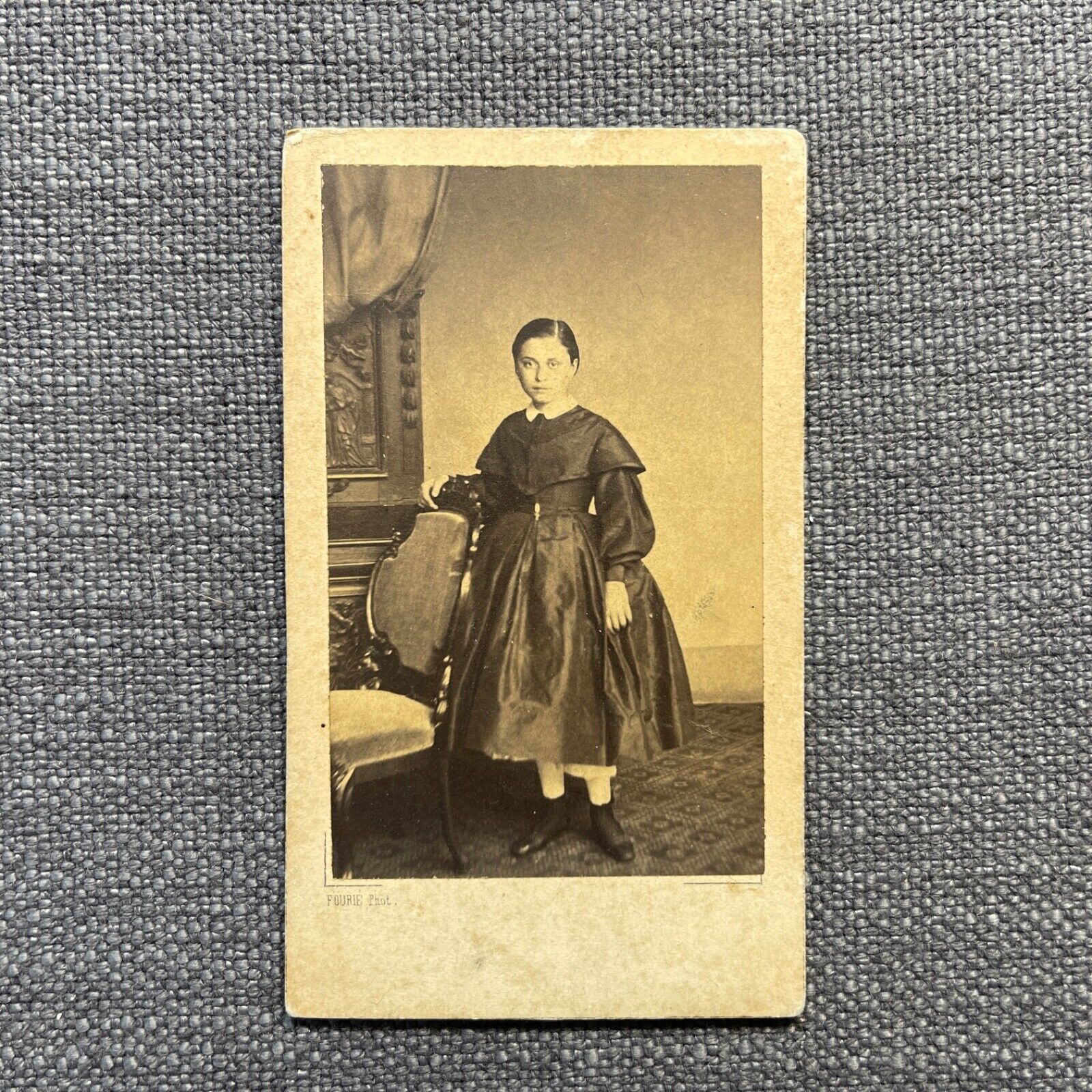 CDV Photo Antique Carte De Visite Girl in Dark Hoop Skirt Dress Standing France