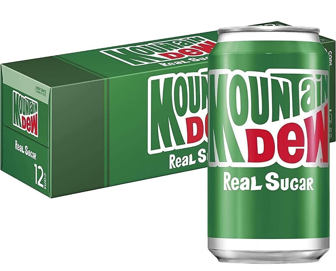 FREE SHIPPING - MOUNTAIN DEW REAL SUGAR 12 PACK CANS Soda Pop Best By 7-1-2024