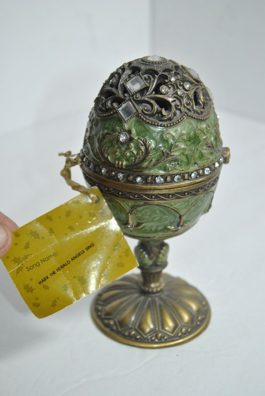Vintage Pedestal Music Box Ornate Egg Embellished Rhinestones Angel Inside Works