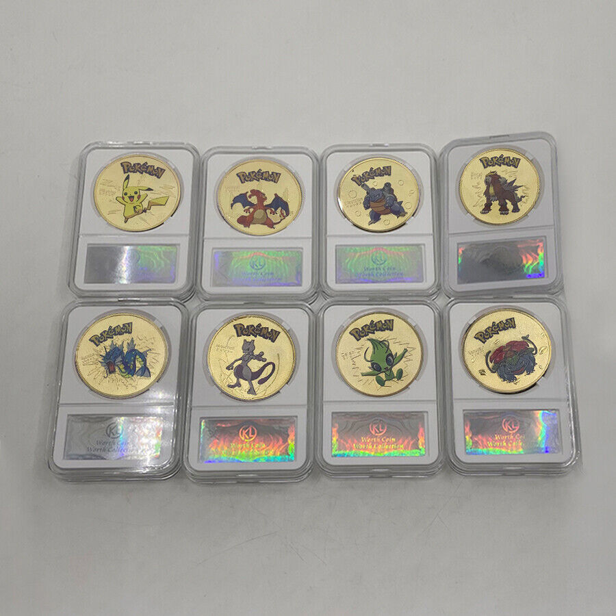 8pcs Anime poke-mon gold plated coin Pikaccu fire dragon coin with display frame